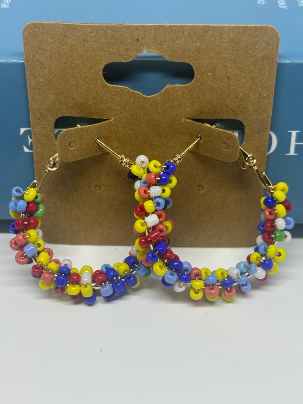 Colorful Glass Beaded Hoop Earrings Gold Hinge Back